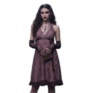 VTG Y2K Whimsigoth Dark Fairy‎ Love Tease Lace Pink Brown Baby Doll Dress Size 5